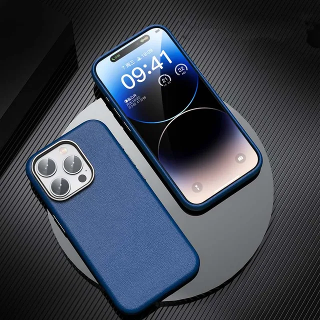 iPhone 15 Pro Genuine Leather Case Luxury Business Style Back Cover Case - Blue