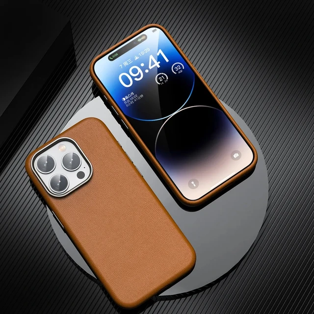iPhone 15 Pro Max Genuine Leather Case Luxury Business Style Back Cover Case - Brown