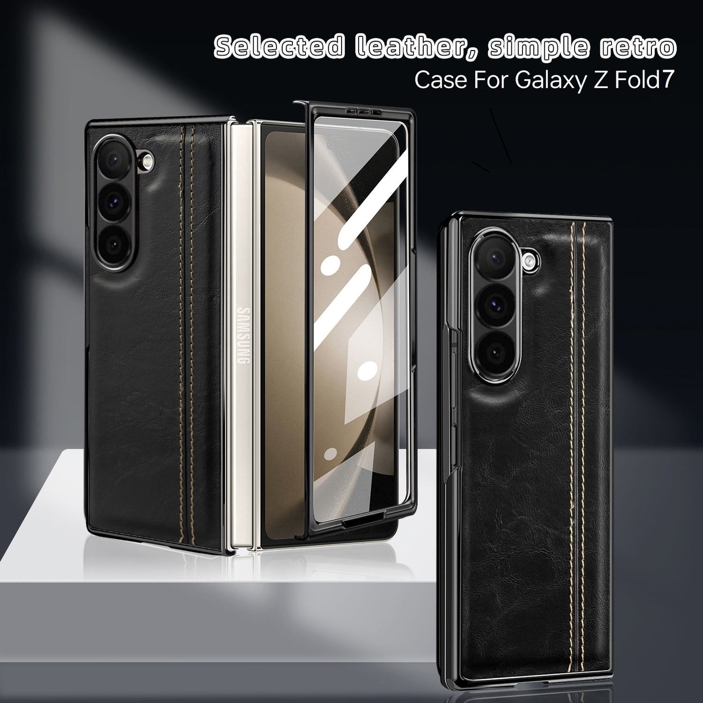 Samsung Galaxy Z Fold7 Gold Plated Dual Line Stitches Leather Case - Black