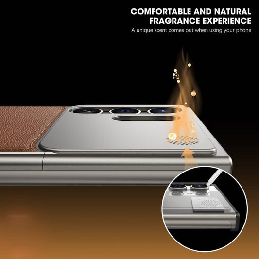 Samsung Galaxy S23 Ultra Aero Flex Metal Frameless Bumper Leather Case with Built-in Magsafe & Aroma - Brown