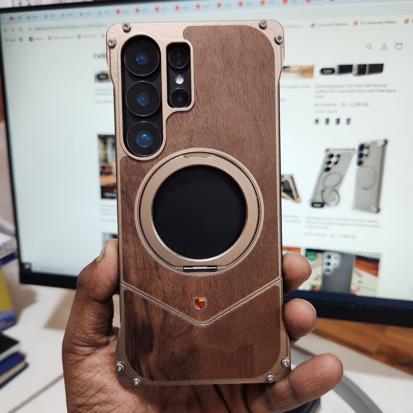 Samsung Galaxy S25 Ultra Wooden Metal Bumper Case with Magsafe & Ring - Brown