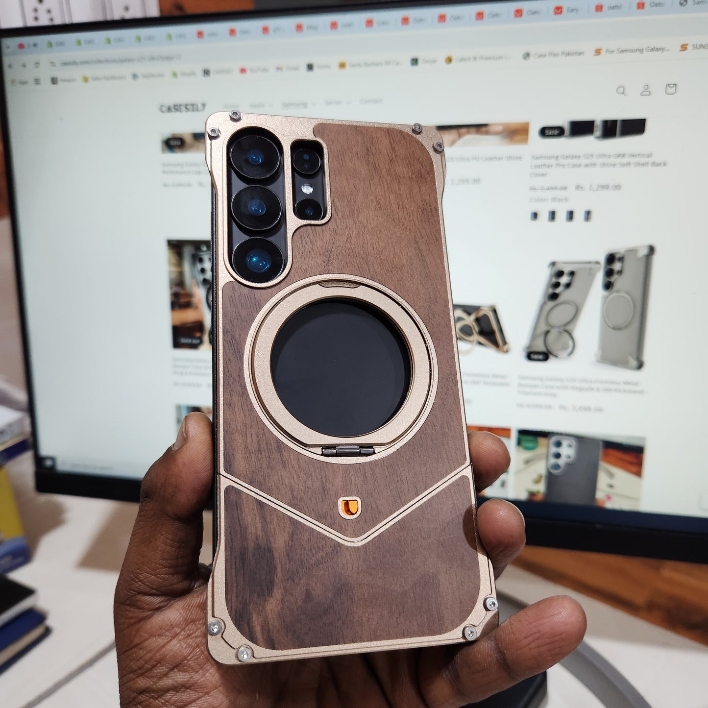 Samsung Galaxy S25 Ultra Wooden Metal Bumper Case with Magsafe & Ring - Brown
