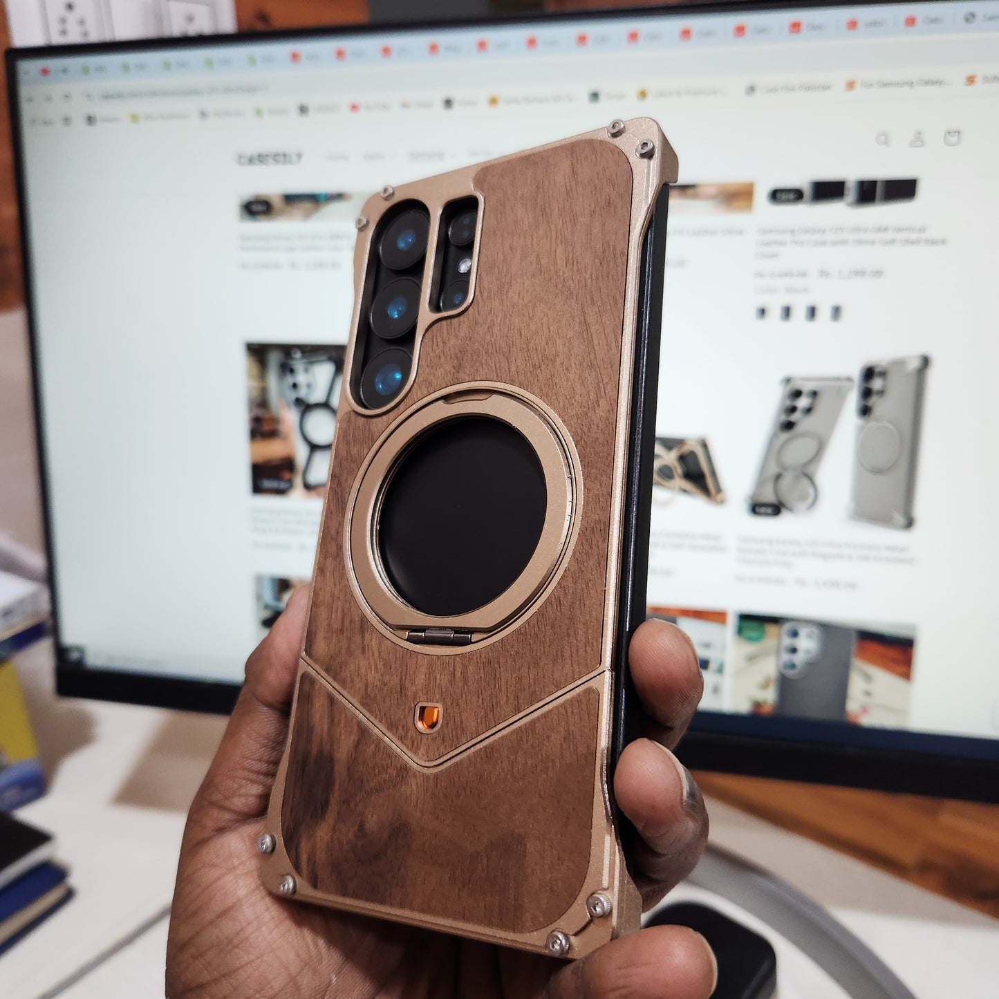 Samsung Galaxy S25 Ultra Wooden Metal Bumper Case with Magsafe & Ring - Brown