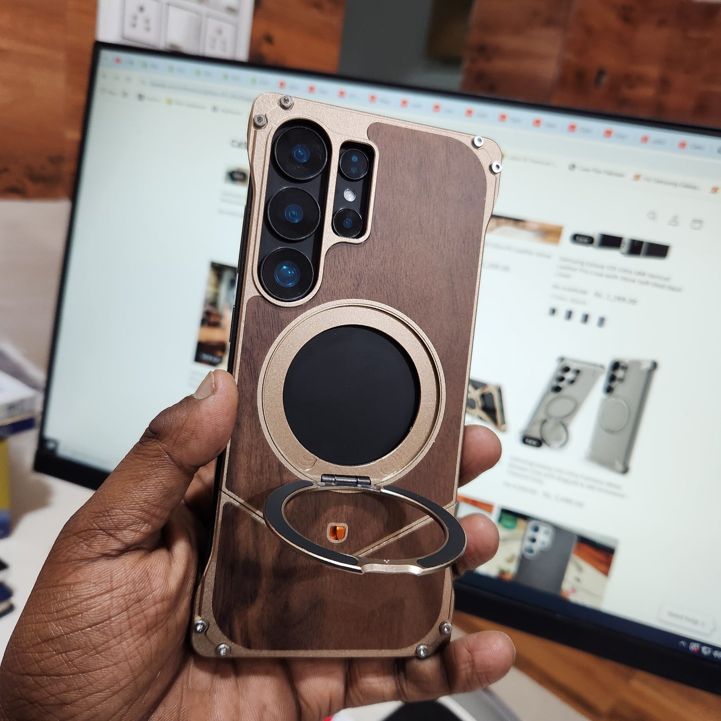 Samsung Galaxy S25 Ultra Wooden Metal Bumper Case with Magsafe & Ring - Brown