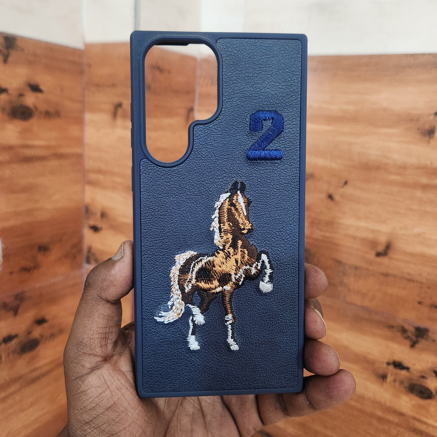 Samsung Galaxy S22 Ultra Horse Embroidery PU Leather Case with Number -Blue