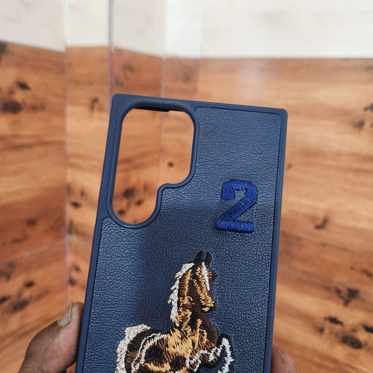 Samsung Galaxy S22 Ultra Horse Embroidery PU Leather Case with Number - Blue