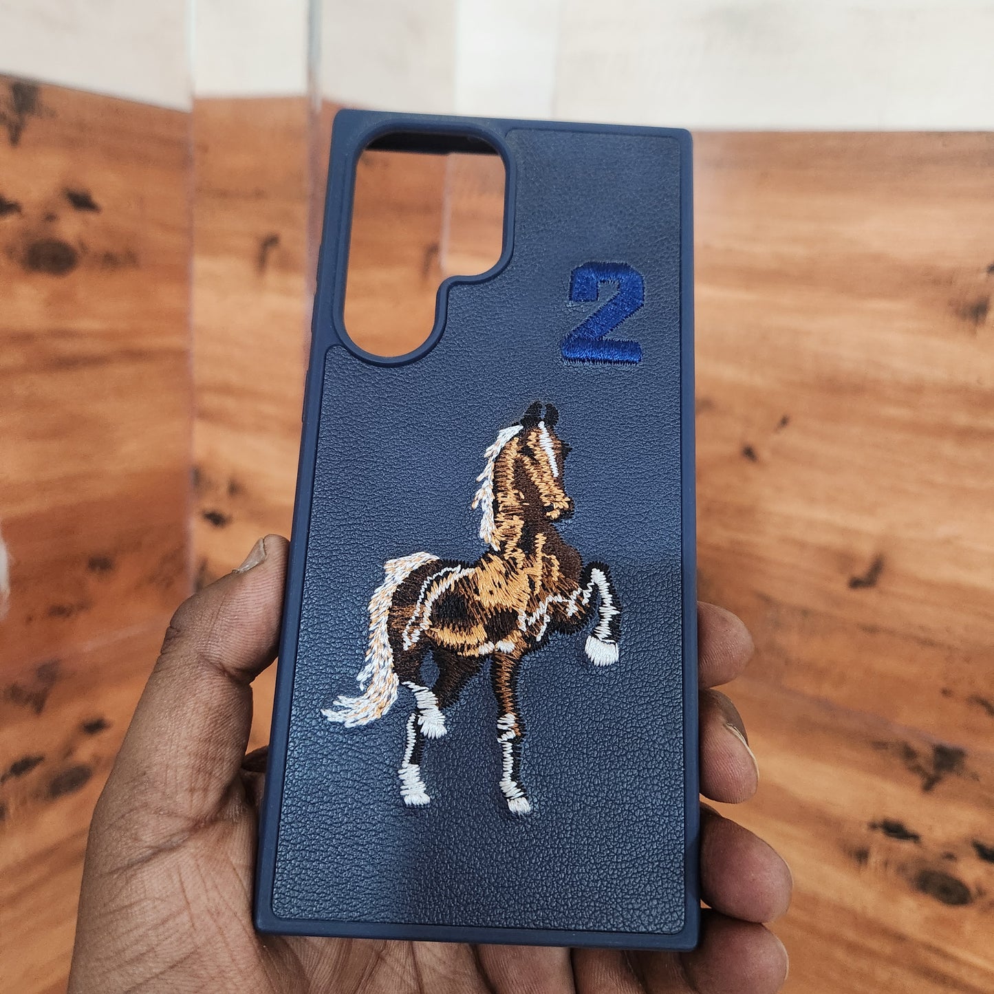 Samsung Galaxy S22 Ultra Horse Embroidery PU Leather Case with Number -Blue