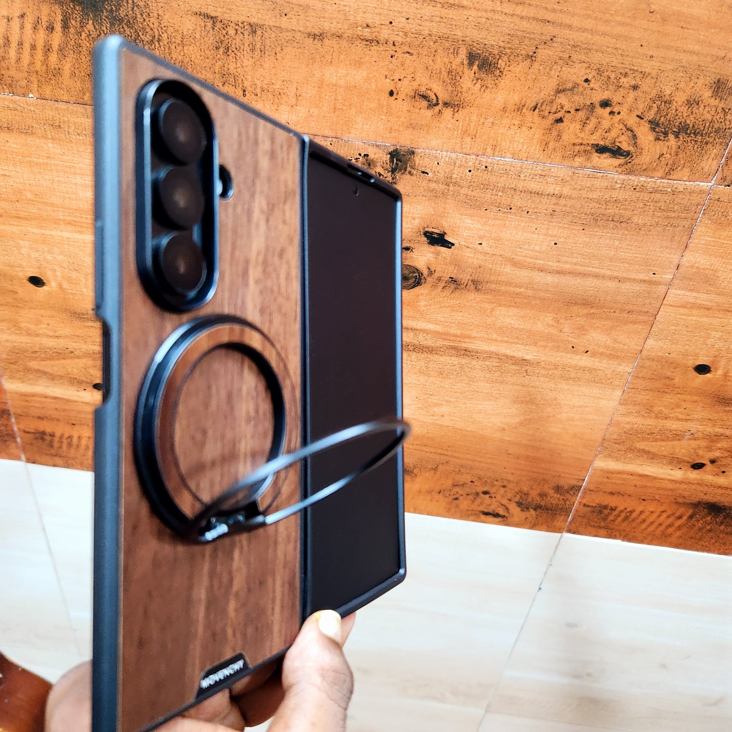 Samsung Galaxy Z Fold7 Wooden Case with 360° Detachable Magsafe Metal Ring - Brown