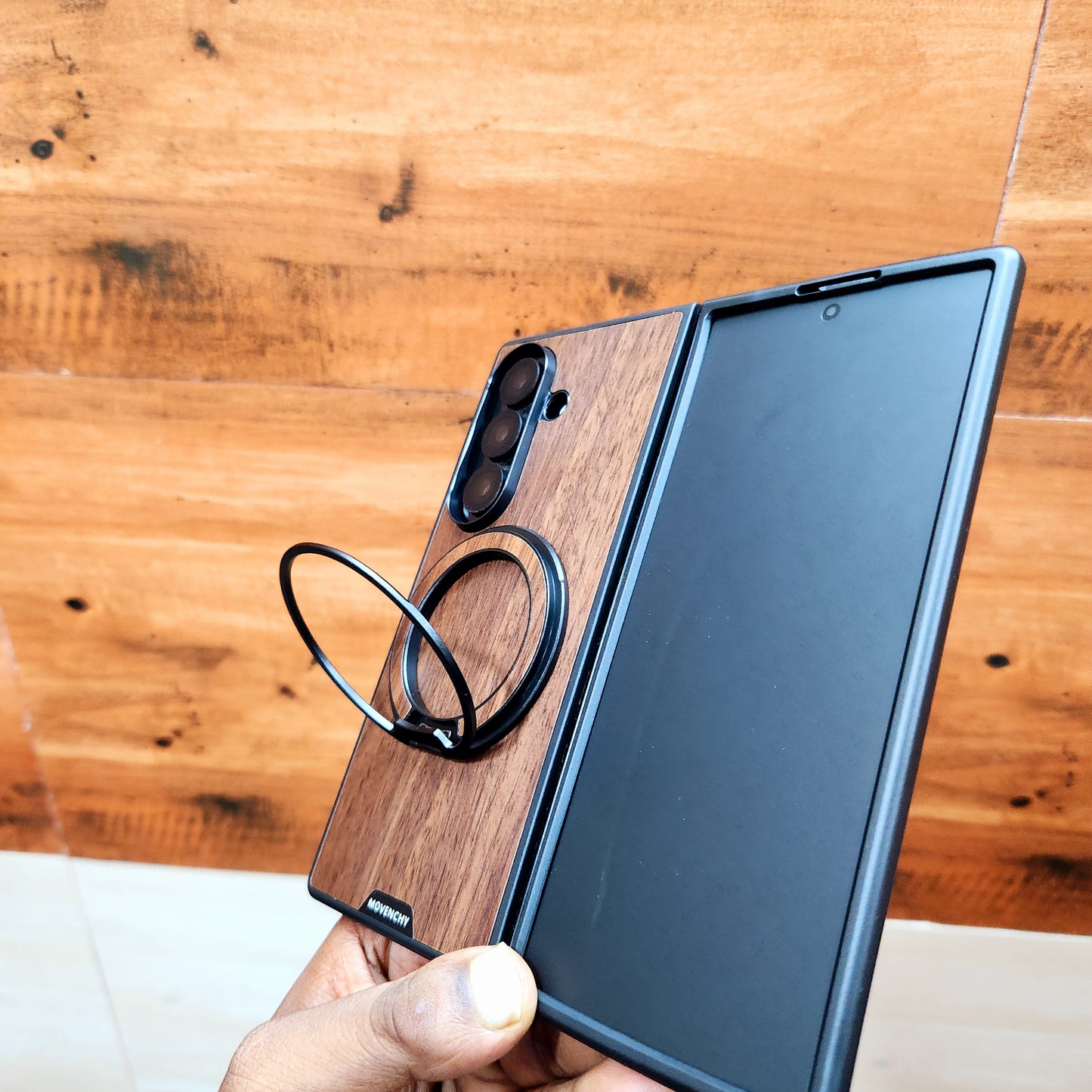 Samsung Galaxy Z Fold7 Wooden Case with 360° Detachable Magsafe Metal Ring - Brown