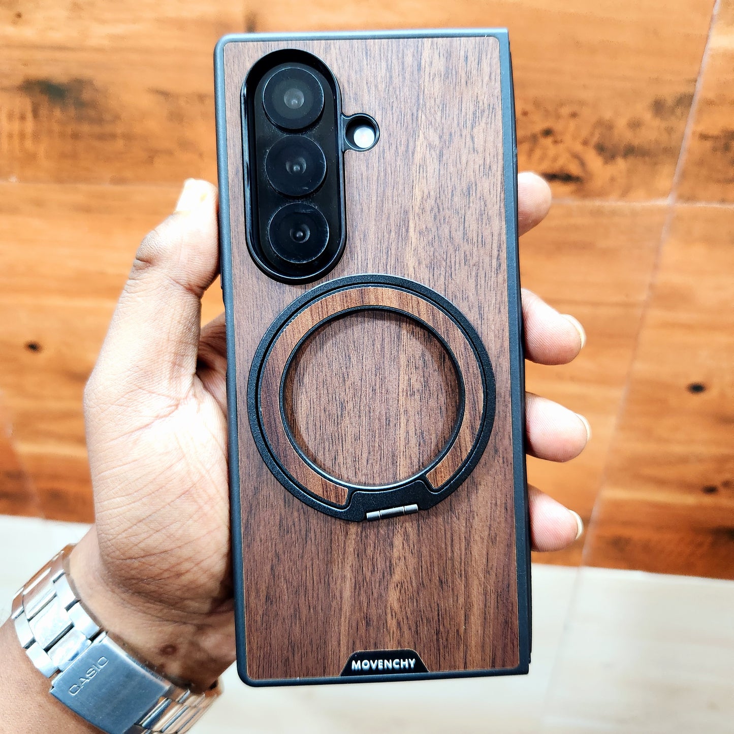 Samsung Galaxy Z Fold7 Wooden Case with 360° Detachable Magsafe Metal Ring - Brown