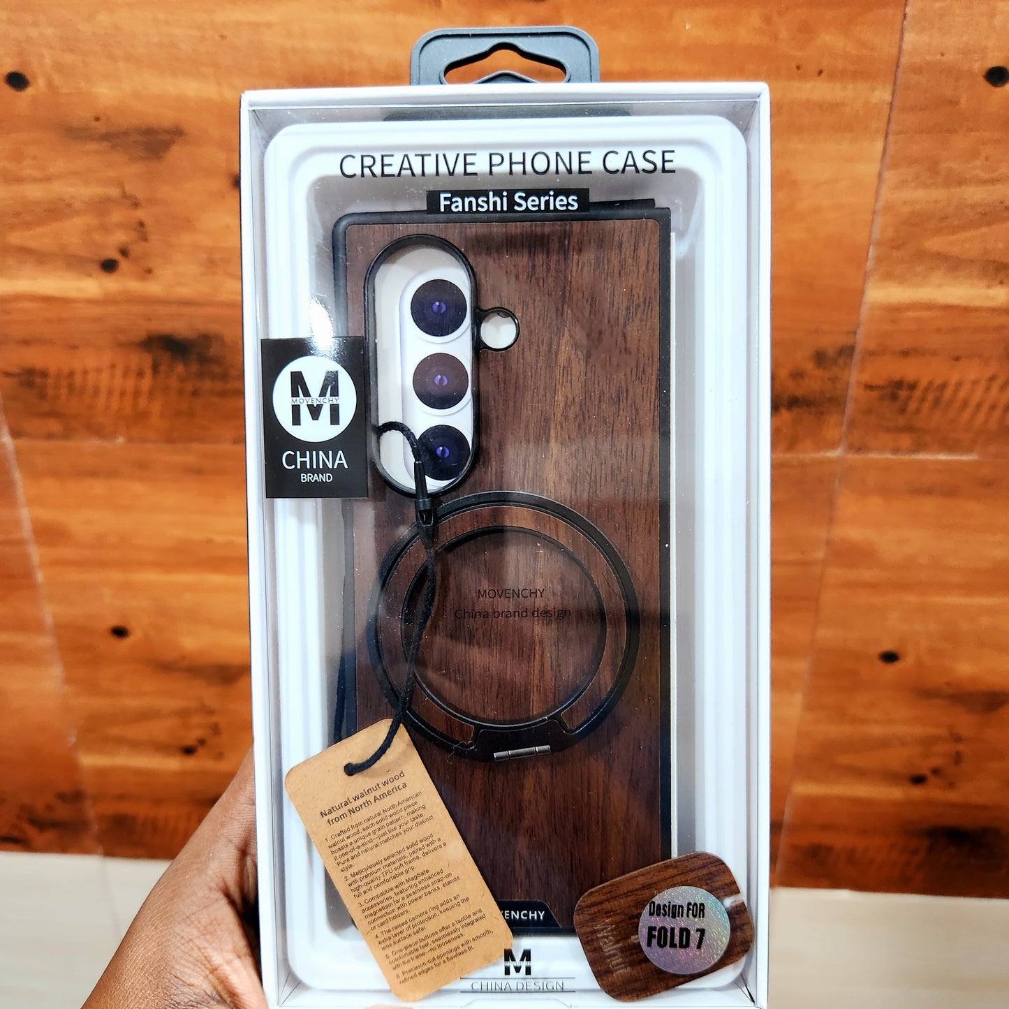 Samsung Galaxy Z Fold7 Wooden Case with 360° Detachable Magsafe Metal Ring - Brown