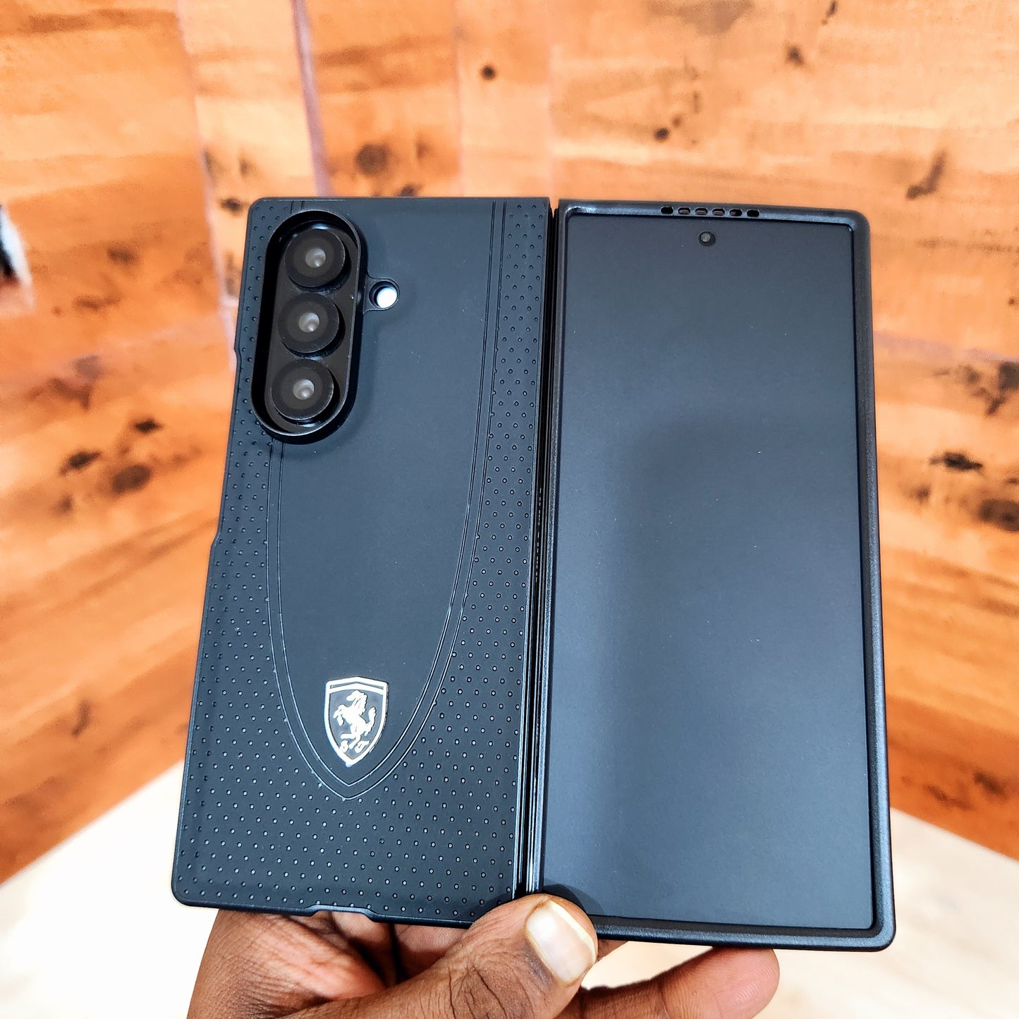 Samsung Galaxy Z Fold7 Luxury Sport Car Logo Design Leather Case - Black