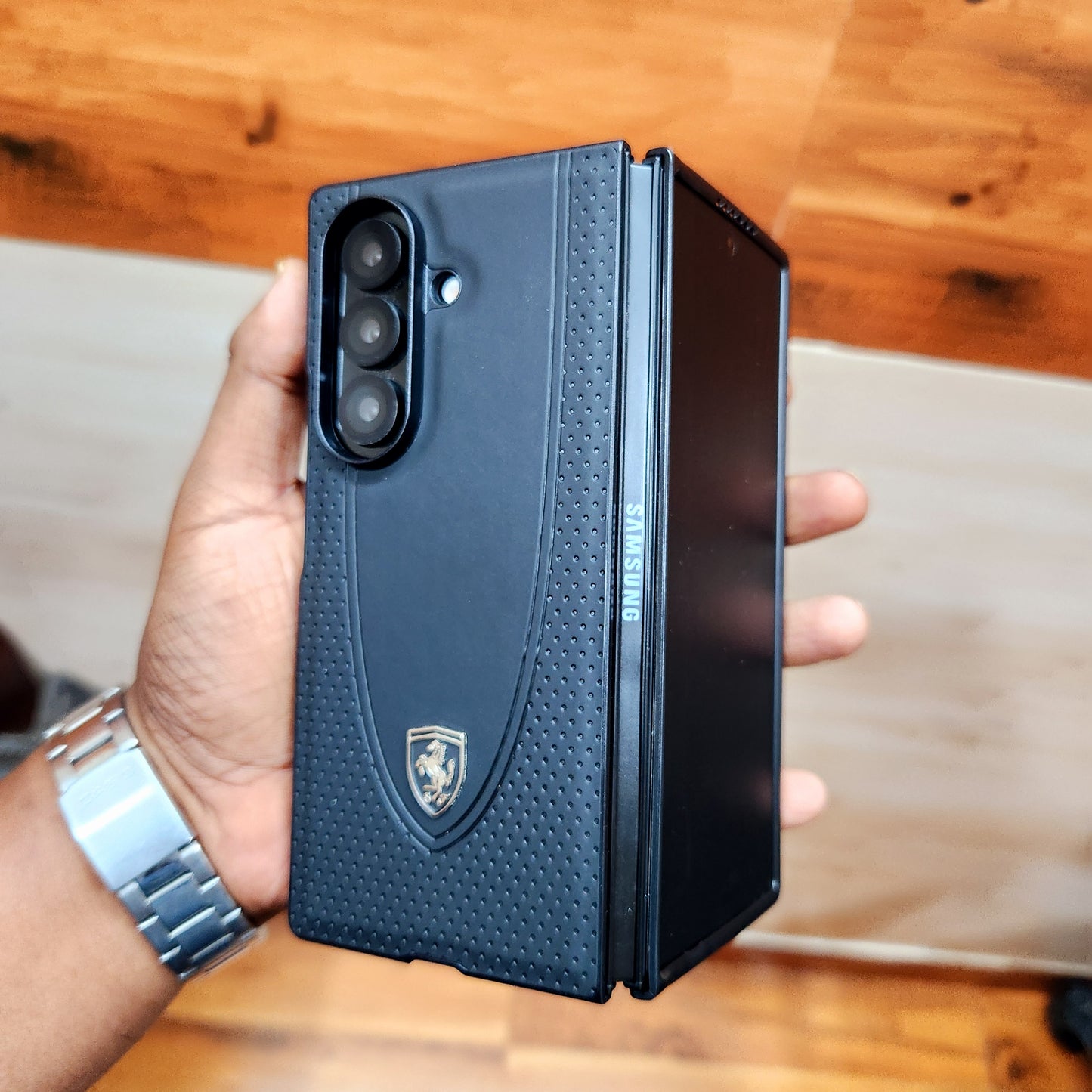 Samsung Galaxy Z Fold7 Luxury Sport Car Logo Design Leather Case - Black