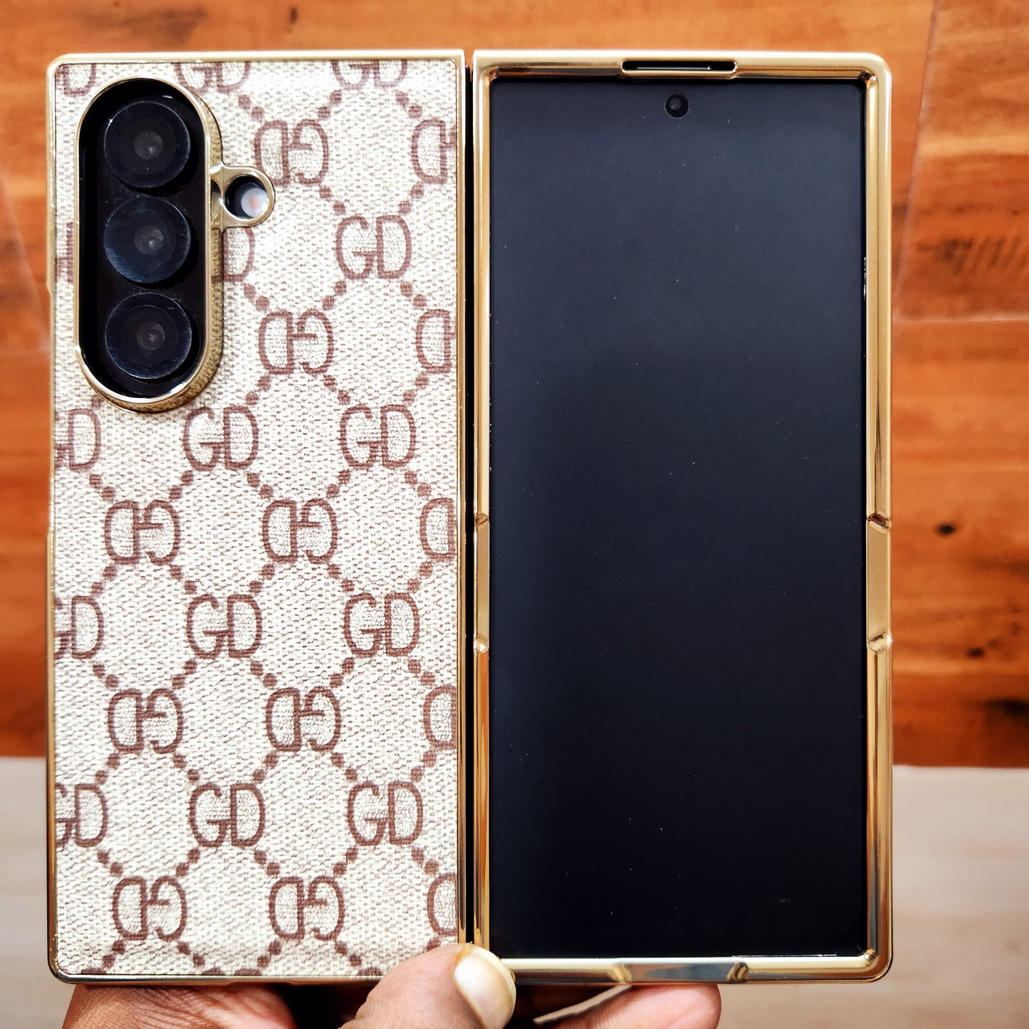 Samsung Galaxy Z Fold7 Luxury Check Pettern Gold Plated Leather Case - White
