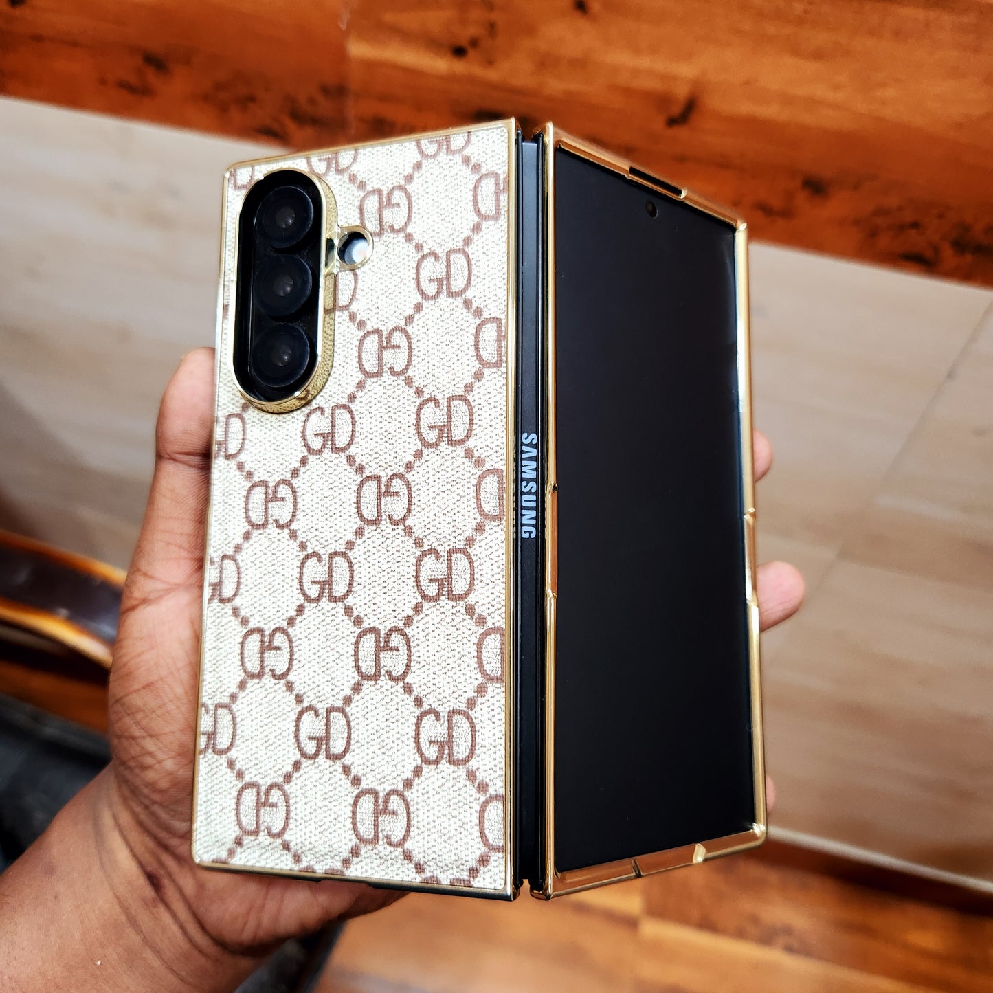 Samsung Galaxy Z Fold7 Luxury Check Pettern Gold Plated Leather Case - White