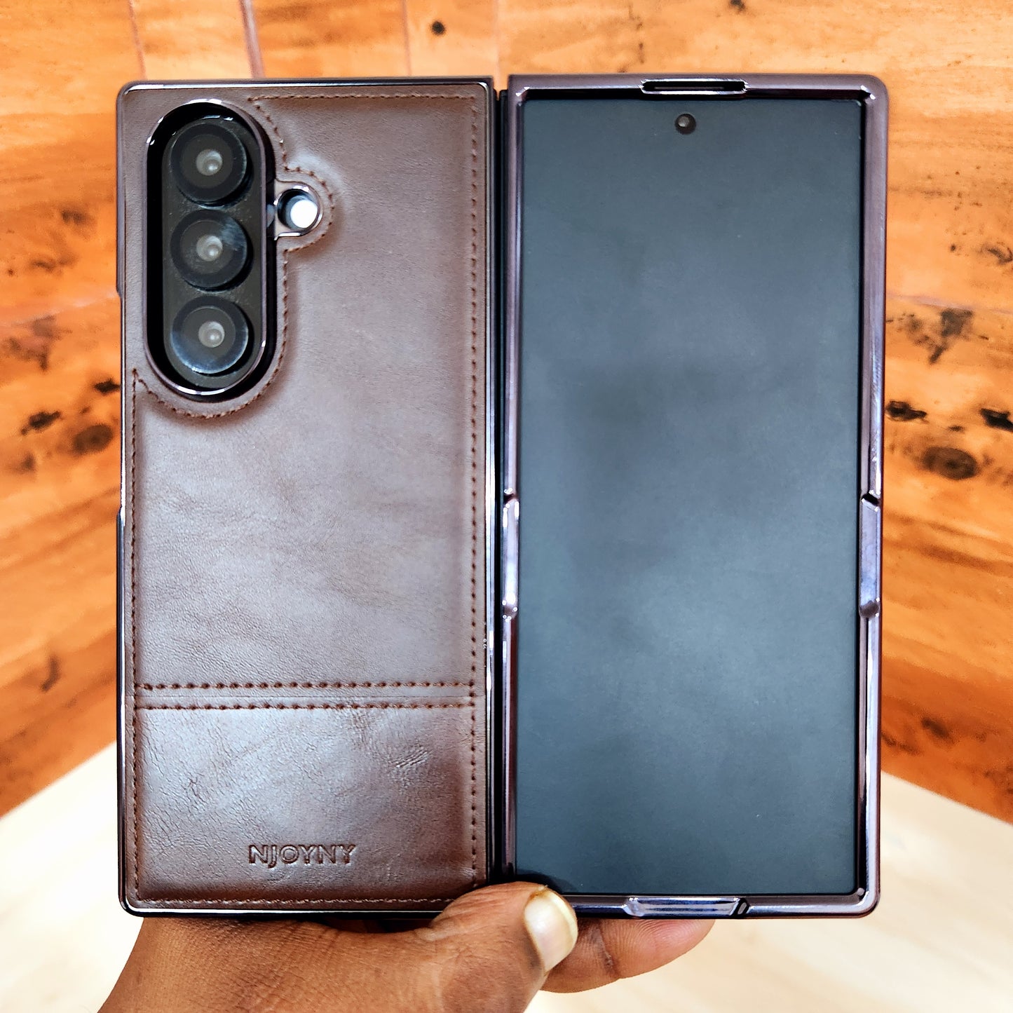 Samsung Galaxy Z Fold7 Bussiness Style Electroplating Leather Case - Coffee