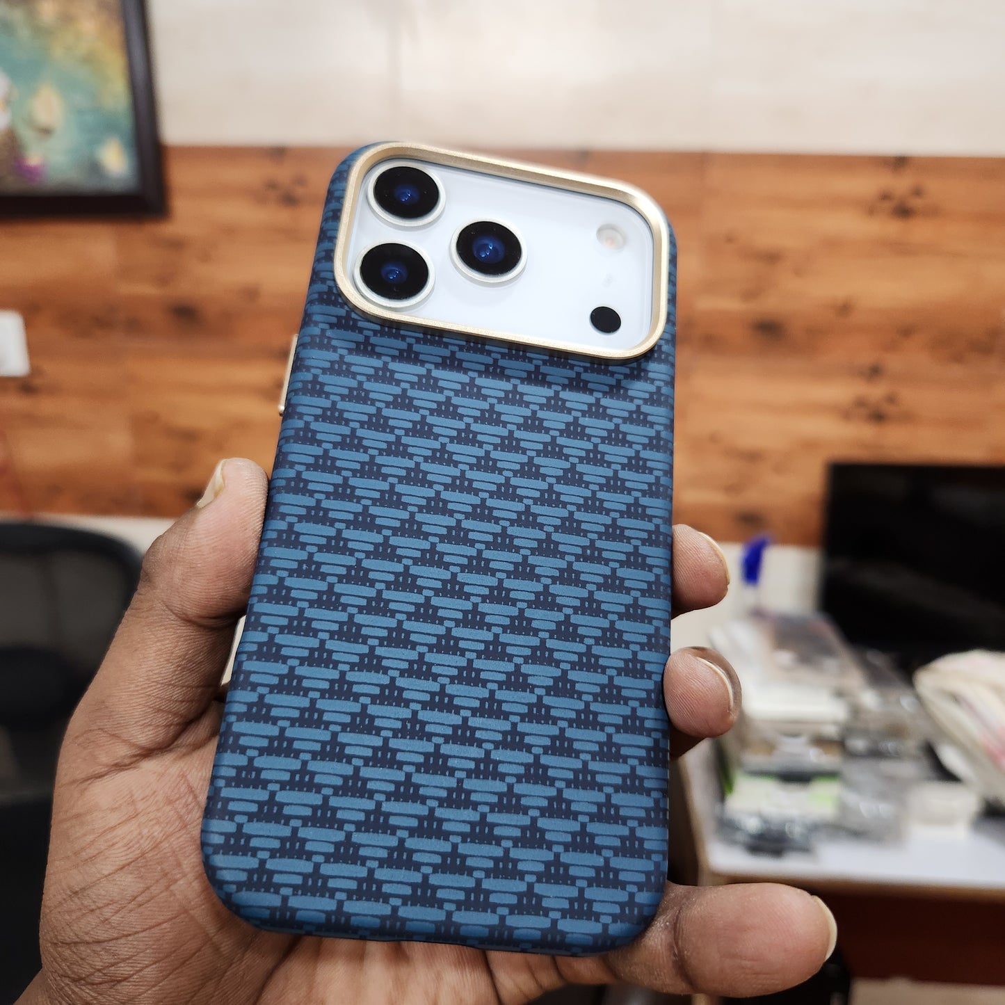 iPhone 17 Pro Max Sibling Series Sleek Cross Texture Case with Metal Camera Protection - Blue