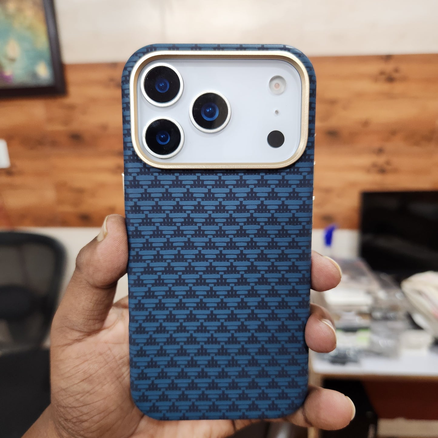 iPhone 17 Pro Max Sibling Series Sleek Cross Texture Case with Metal Camera Protection - Blue