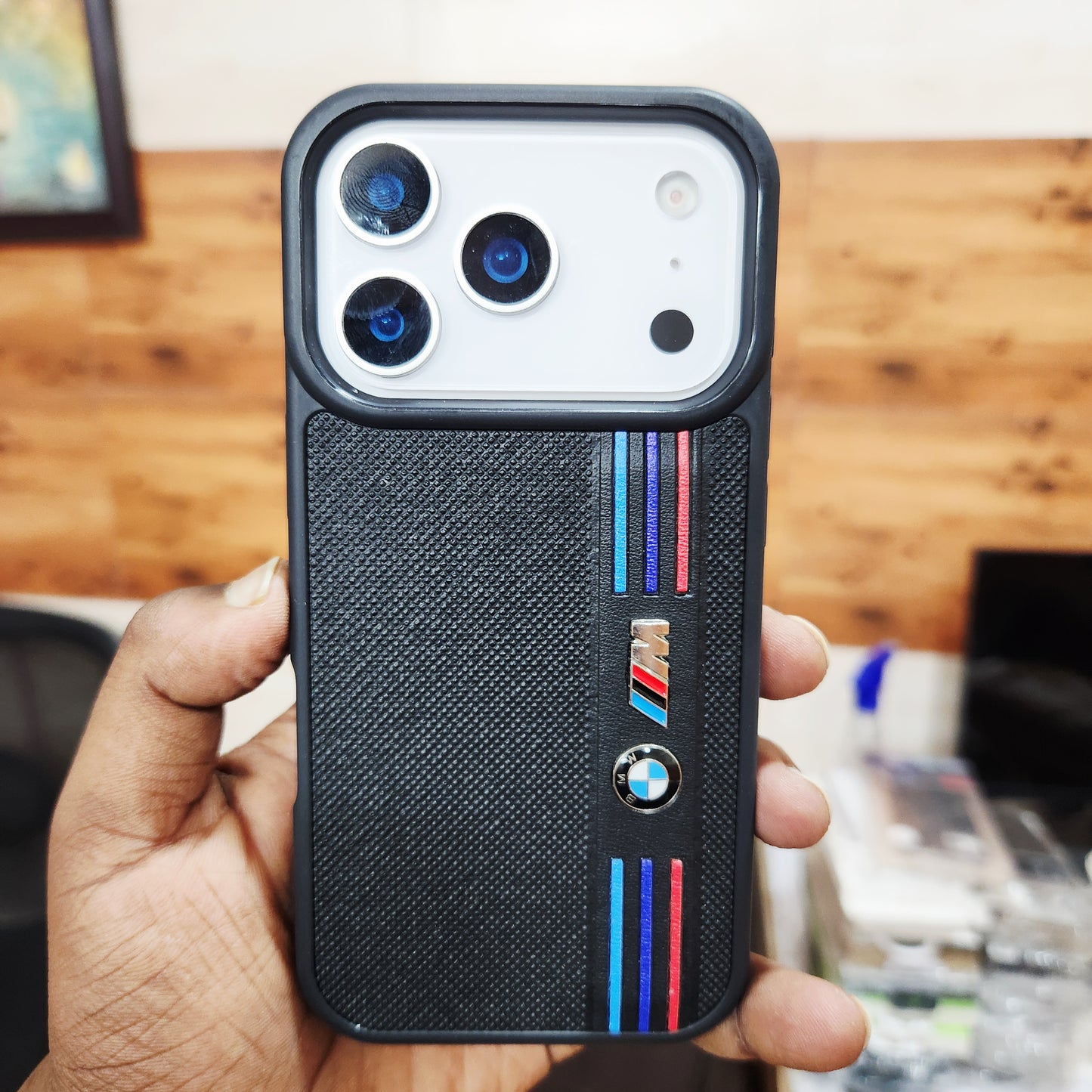 iPhone 17 Pro Leather Case Luxury Dot Pettern with Sports Car Logo - Black