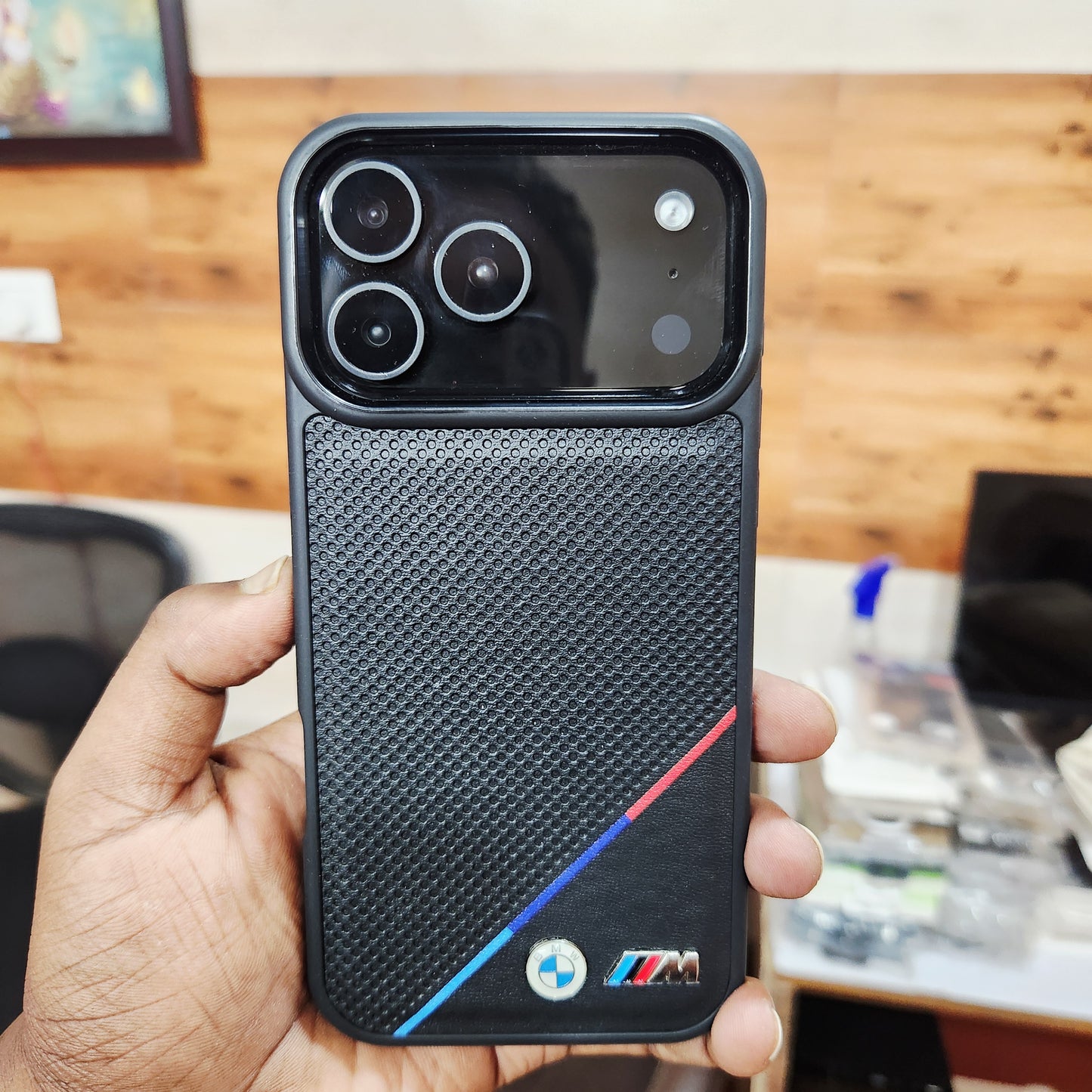 iPhone 17 Pro Max Leather Case Luxury Dot Pettern with Sports Car Logo - Black