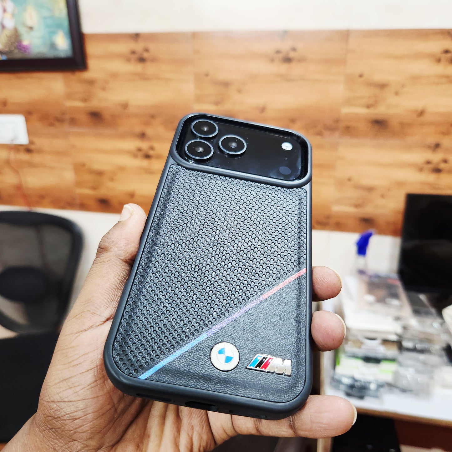 iPhone 17 Pro Max Leather Case Luxury Dot Pettern with Sports Car Logo - Black