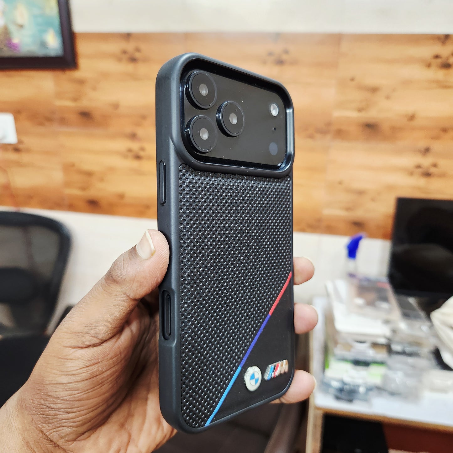 iPhone 17 Pro Max Leather Case Luxury Dot Pettern with Sports Car Logo - Black