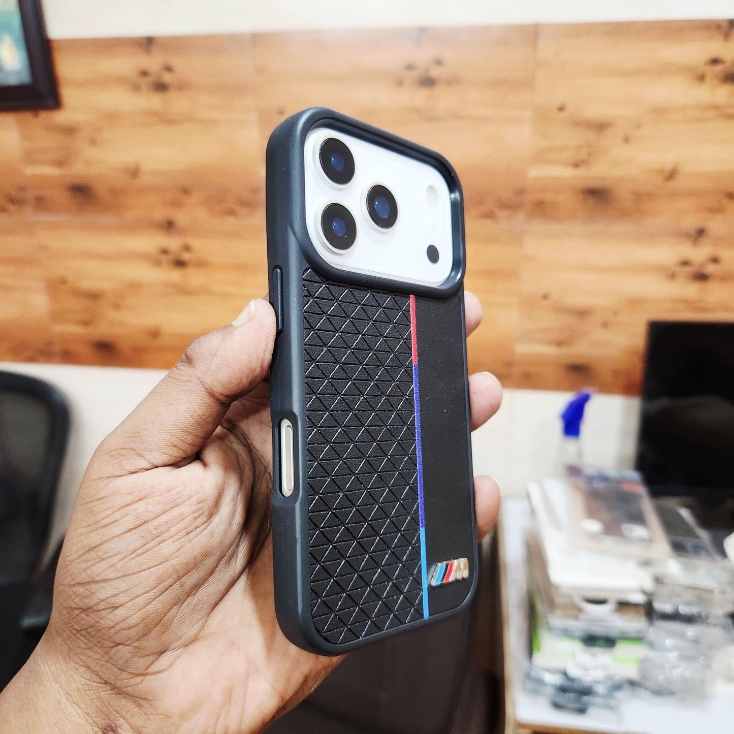 iPhone 17 Pro Back Cover Luxury Sports Car Logo Leather Case - Black