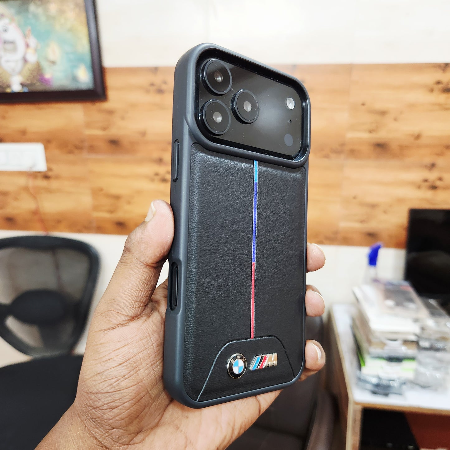 iPhone 17 Pro Max Leather Case with Luxury Sports Car Logo - Black