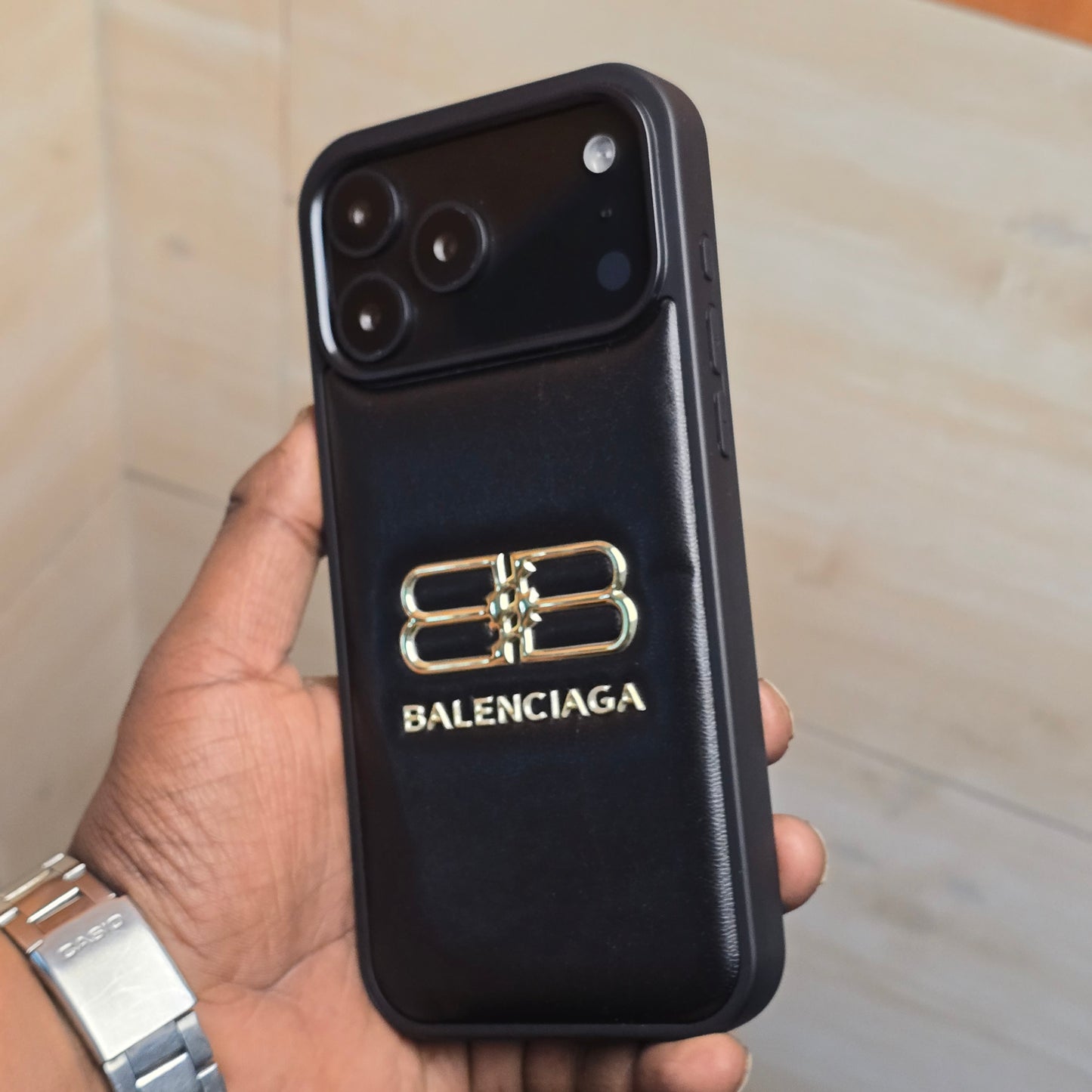 iPhone 17 Pro Max Leather Case Luxury Pattern with Plated Logo - Black