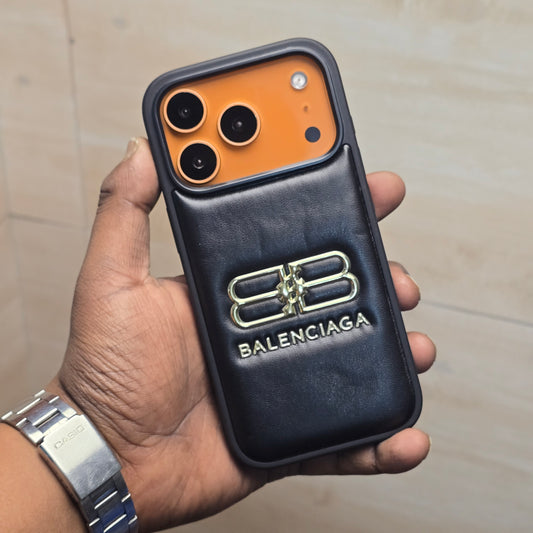 iPhone 17 Pro Max Leather Case Luxury Pattern with Plated Logo - Black