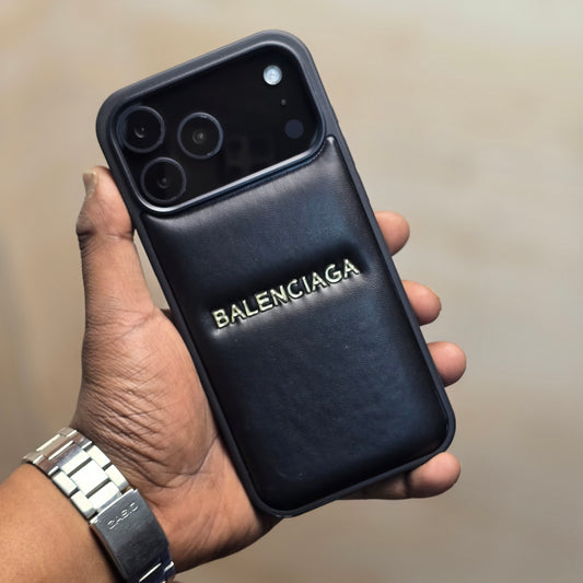 iPhone 17 Pro Max Leather Case Luxury Pattern with Plated Logo - Black