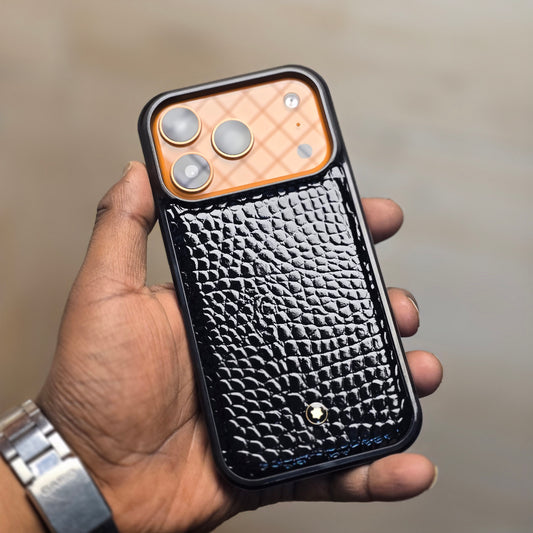iPhone 17 Pro Leather Case Luxury Pattern with Plated Logo - Black