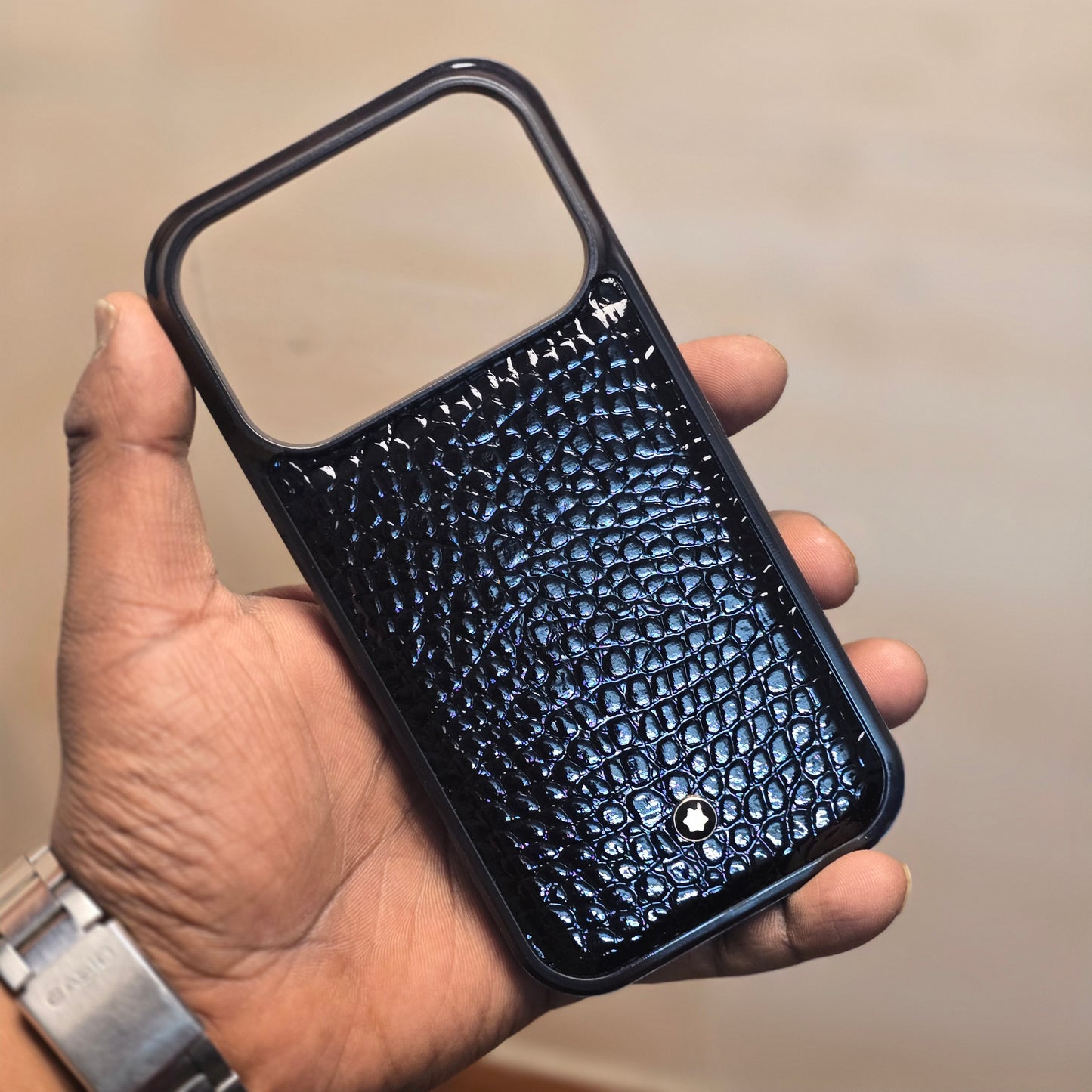 iPhone 17 Pro Leather Case Luxury Pattern with Plated Logo - Black