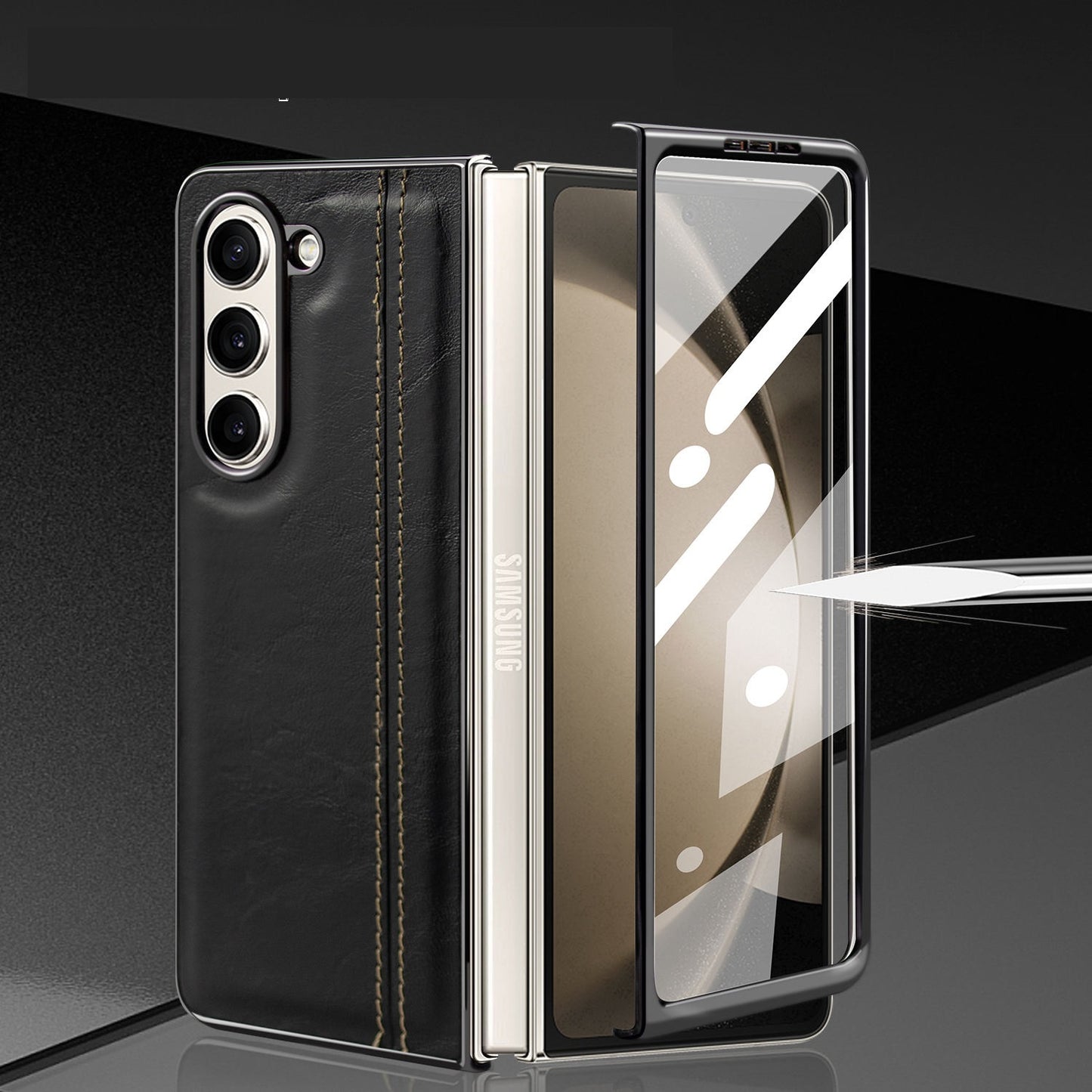 Samsung Galaxy Z Fold7 Gold Plated Dual Line Stitches Leather Case - Black