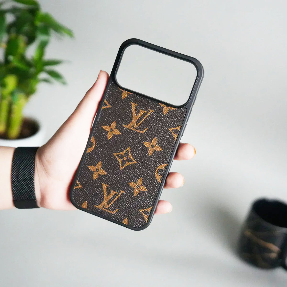 iPhone 17 Pro Max Luxury LV Leather Back Cover Case - Brown