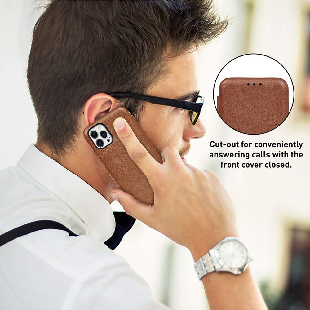 iPhone 13 Pro Leather Flip Cover with Card Slot & Kickstand Function – Brown