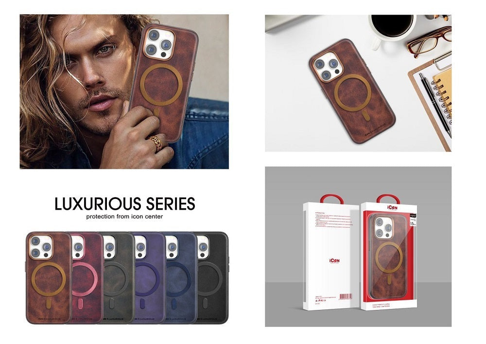 iPhone 15 Pro Max Classic Business Leather Case with Metal Magsafe Ring - Purple