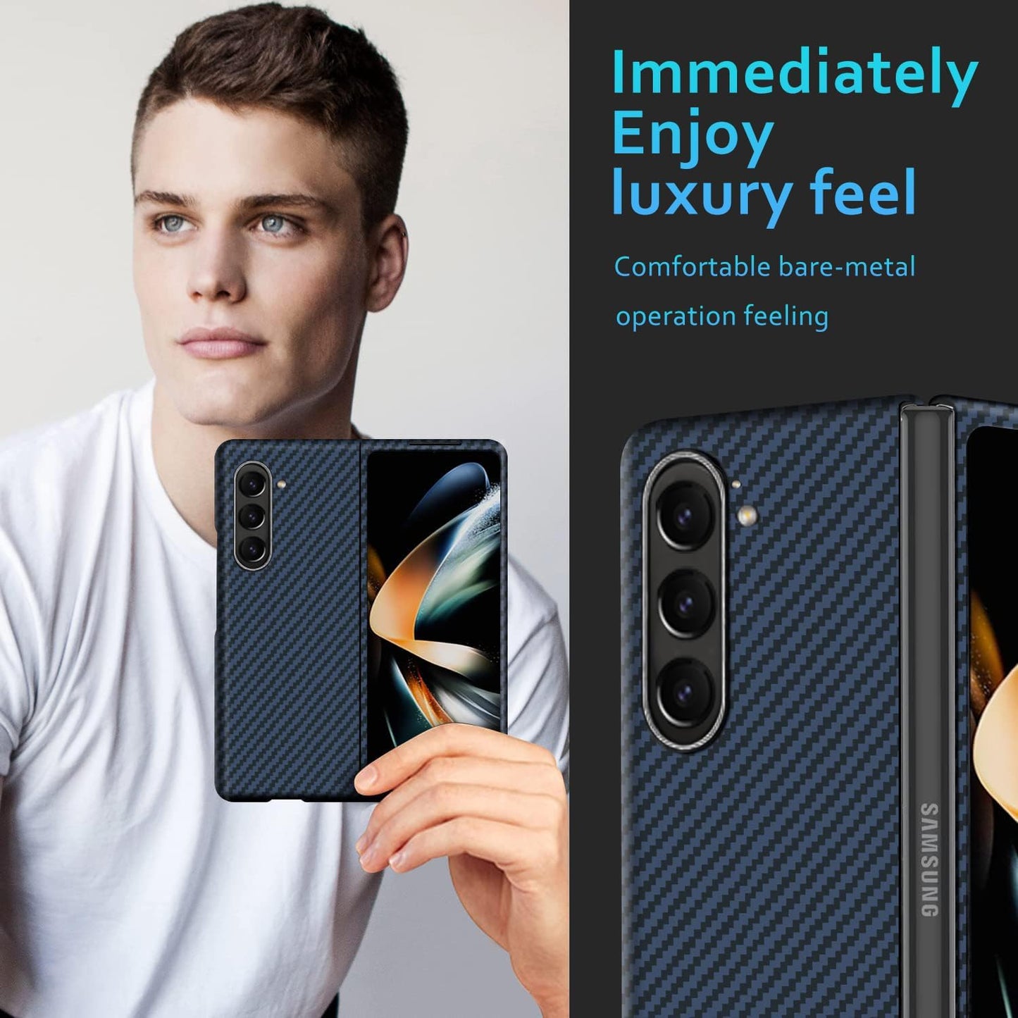 Samsung Galaxy Z Fold 5 Carbon Fiber Real Aramid Shockproof Case - Blue