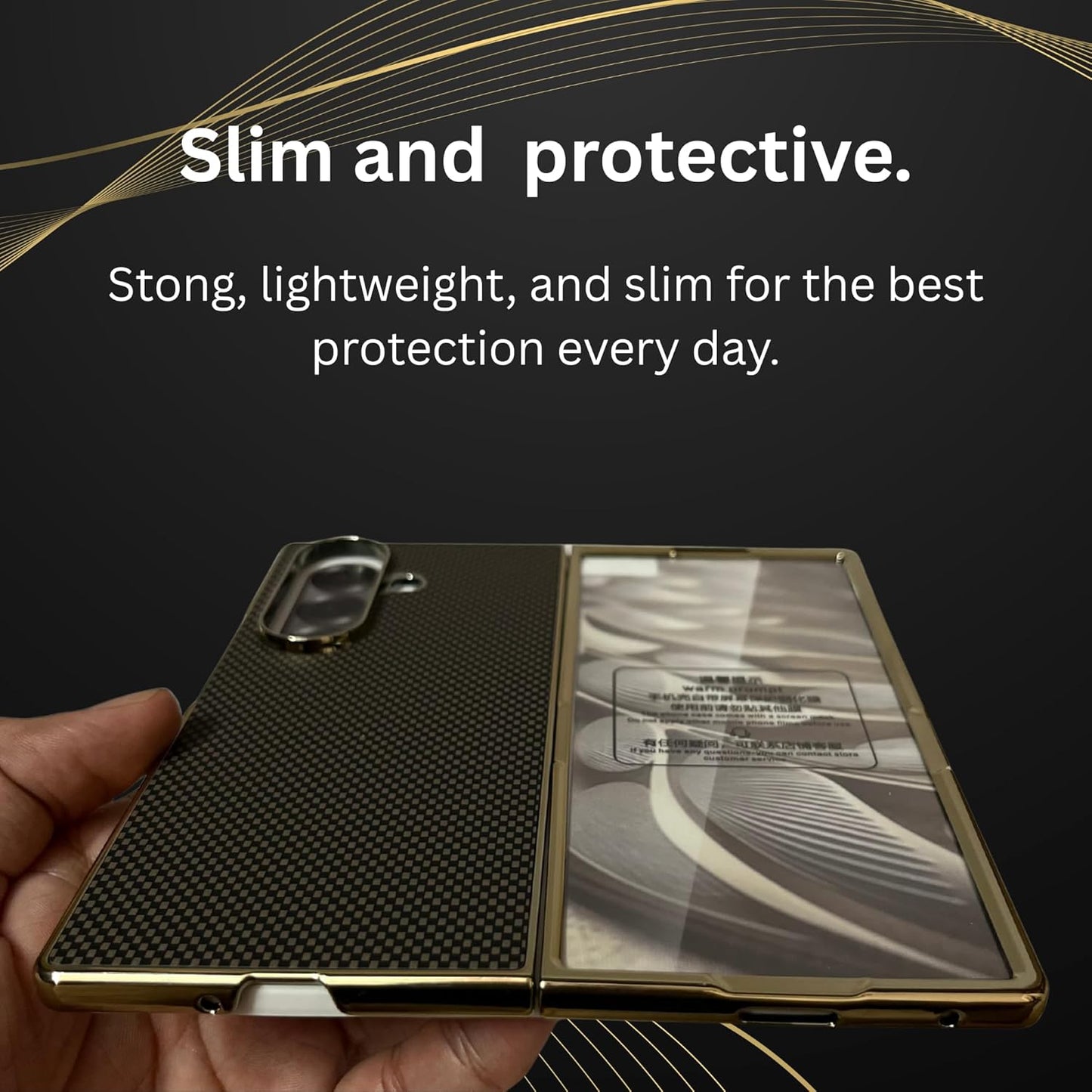 Samsung Galaxy Z Fold 7 Luxury Gold Plating Carbon Fiber Finish Case with Front Glass Protection - Black