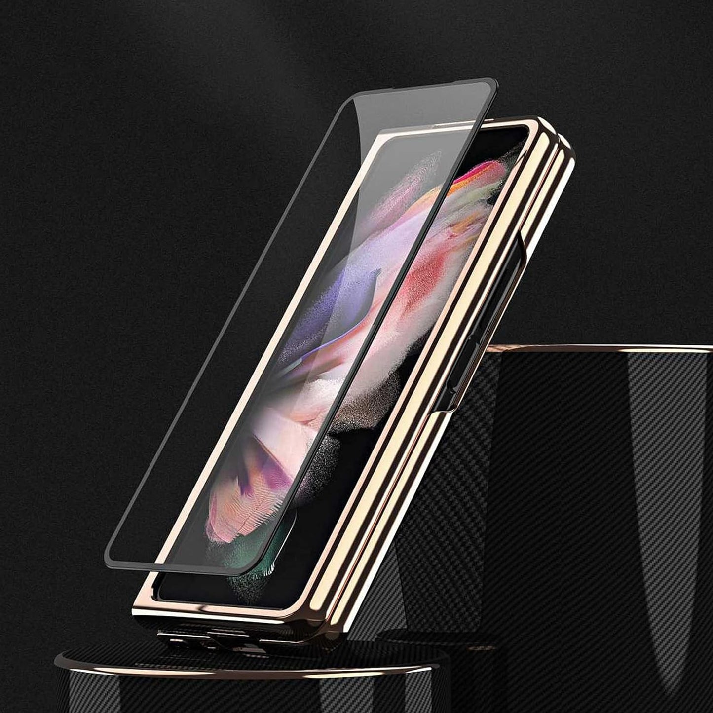 Samsung Galaxy Z Fold 5 Gold Plated Leather Case With Front Glass - Brown