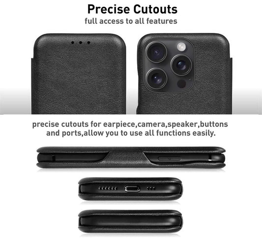 iPhone 15 Pro Leather Flip Cover Wallet Case - Black