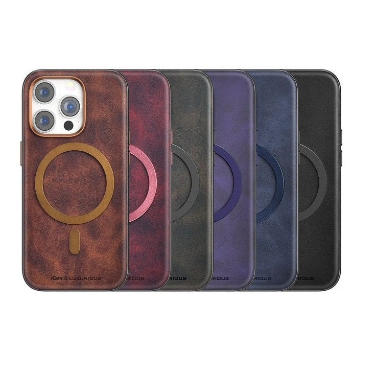 iPhone 14 Pro Max Icon Leather Case with Metal MagSafe Ring - Blue