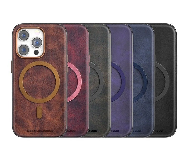 iPhone 15 Plus Icon Leather Case with Metal MagSafe Ring - Purple