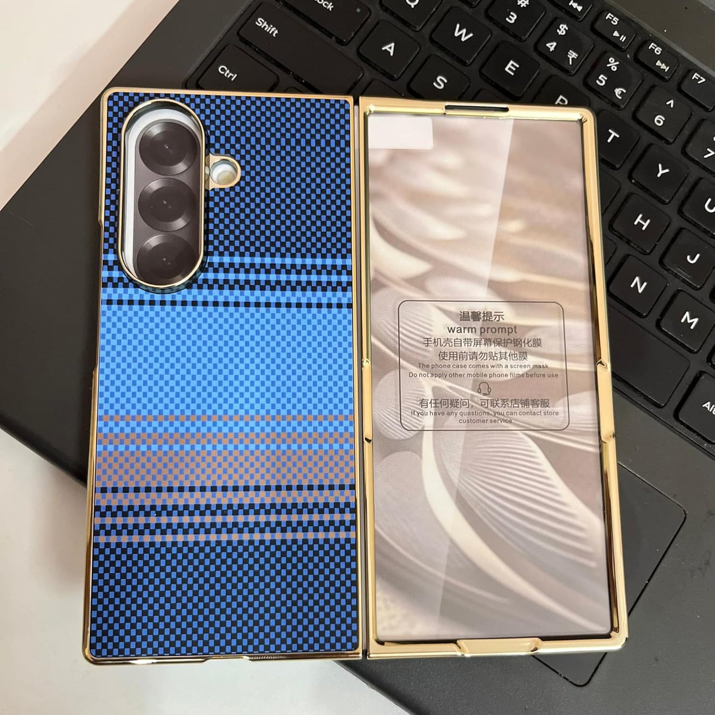 Samsung Galaxy Z Fold 7 Luxury Gold Plating Carbon Fiber Finish Case with Front Glass Protection - Blue