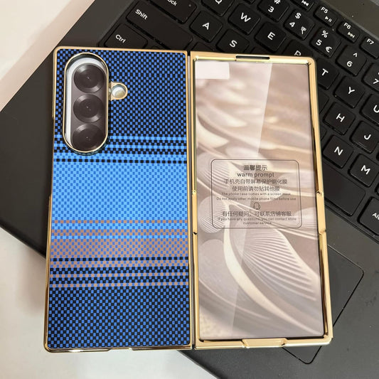 Samsung Galaxy Z Fold7 Luxury Gold Plating Carbon Fiber Finish Case with Front Glass Protection - Blue