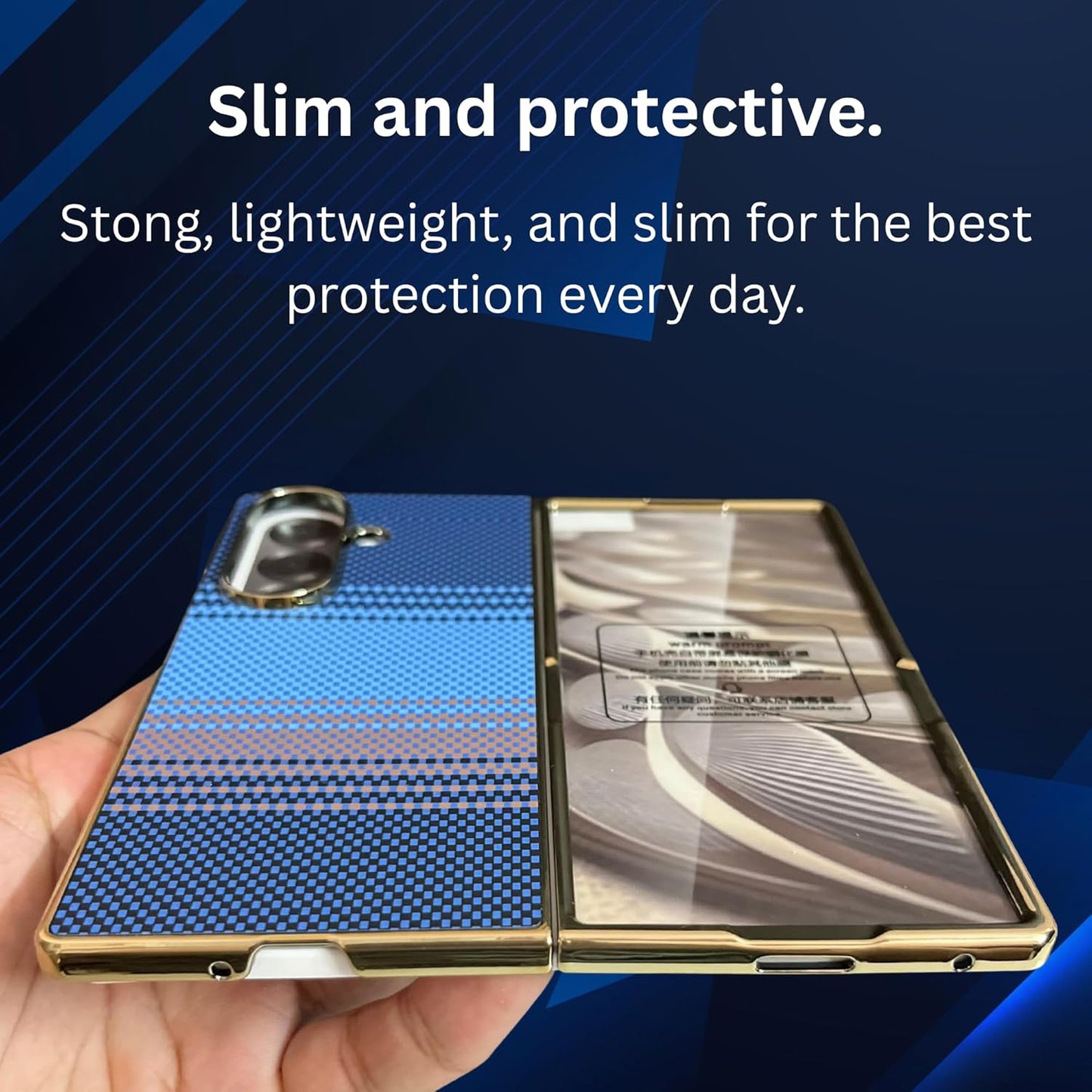 Samsung Galaxy Z Fold 7 Luxury Gold Plating Carbon Fiber Finish Case with Front Glass Protection - Blue