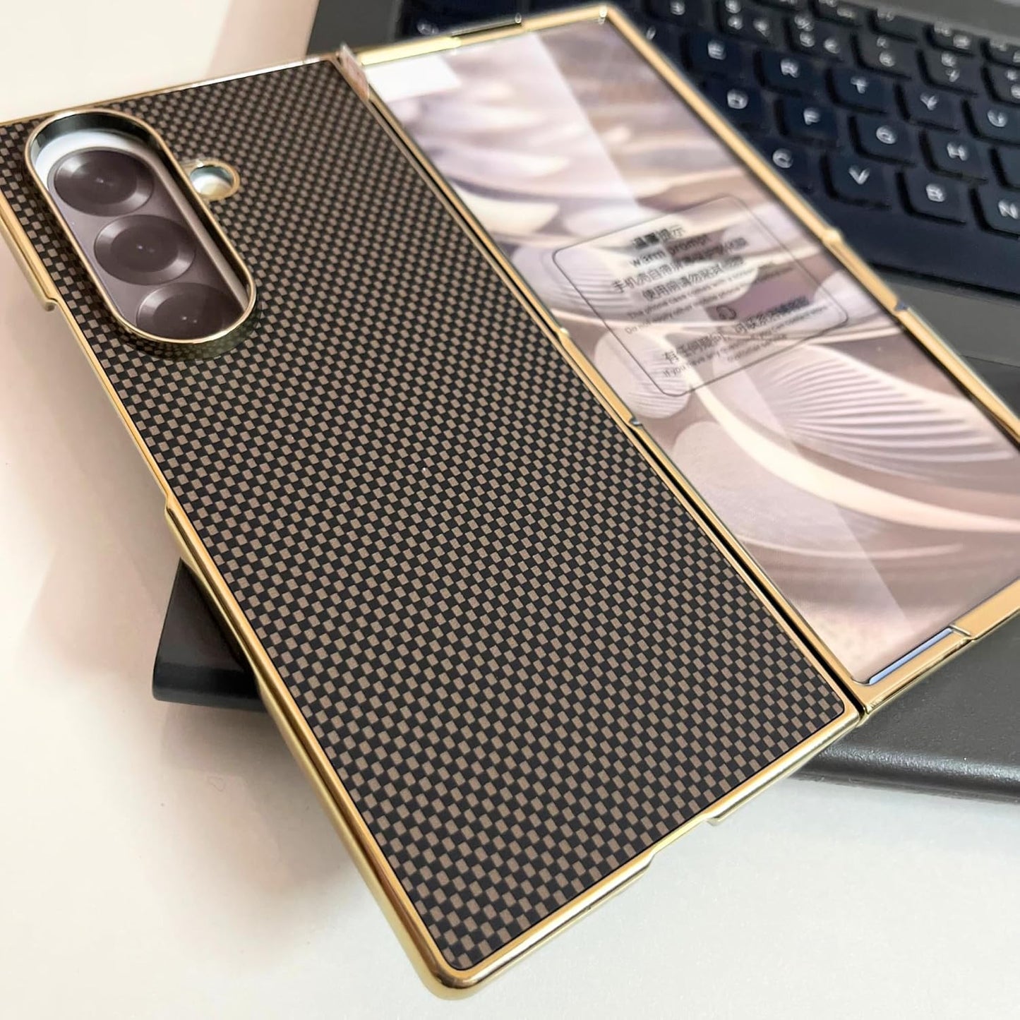 Samsung Galaxy Z Fold 7 Luxury Gold Plating Carbon Fiber Finish Case with Front Glass Protection - Black