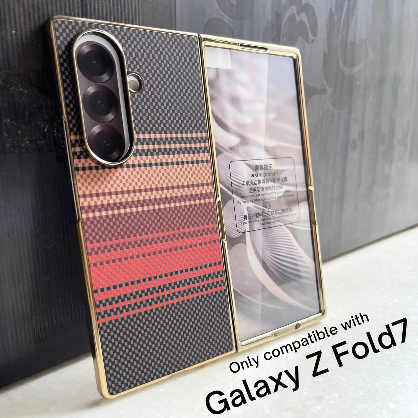 Samsung Galaxy Z Fold 7 Luxury Gold Plating Carbon Fiber Finish Case with Front Glass Protection - Sun - Red