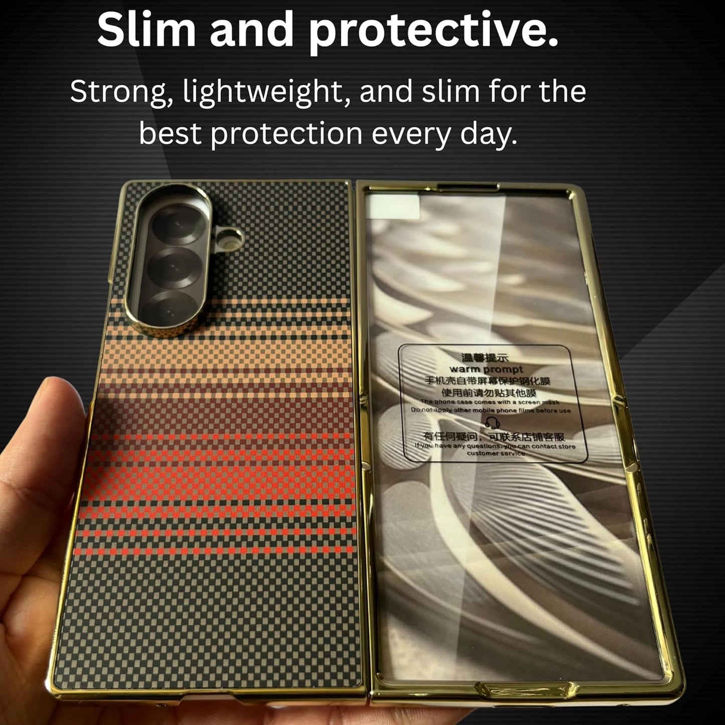 Samsung Galaxy Z Fold 7 Luxury Gold Plating Carbon Fiber Finish Case with Front Glass Protection - Sun - Red