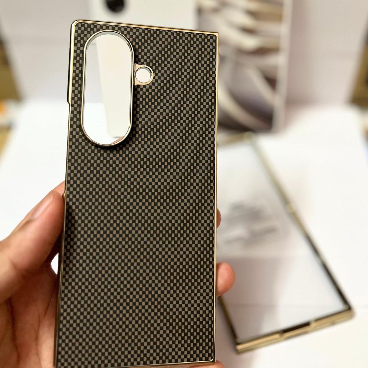 Samsung Galaxy Z Fold 7 Luxury Gold Plating Carbon Fiber Finish Case with Front Glass Protection - Black/Pink